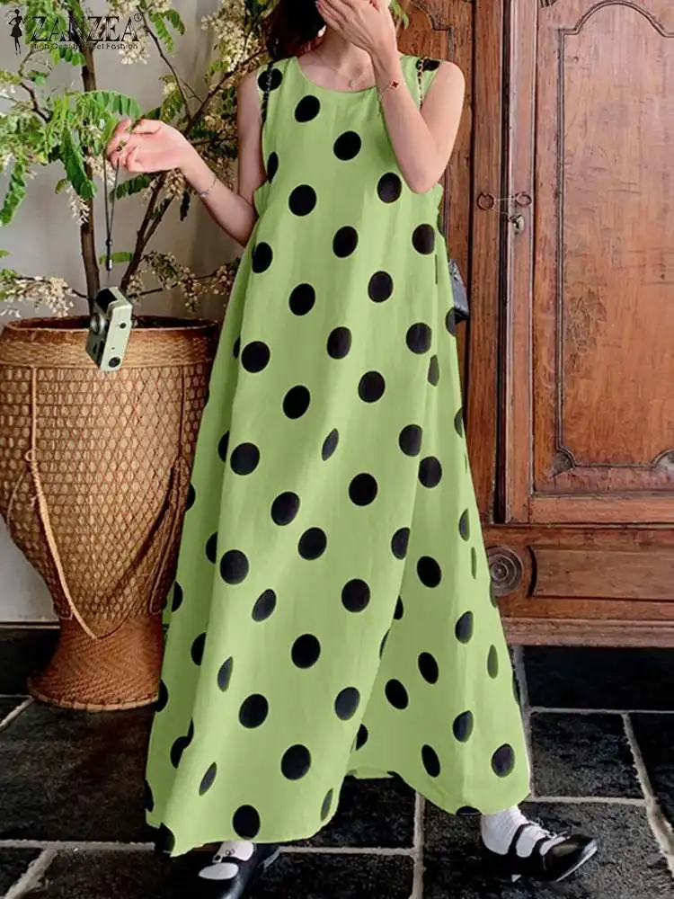 ZANZEA Women Polka Dot Tank Dress 2024 Summer Sleeveless Long Maxi Vestidos Holiday Korean Sweety Robe Casual Loose Basic Dress