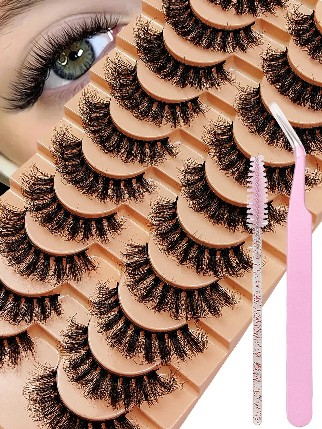 10 Pairs Fake Messy Dramatic False Eyelashes Natural Fluffy Lashes Natural Look 3D Effect with Eyelash Brush and Tweezers