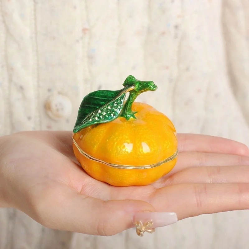 

European Home Decoration Metal Enamel Jewelry Box Handicrafts Orange Festival Gift Ornament Home Light Luxury small Ornament