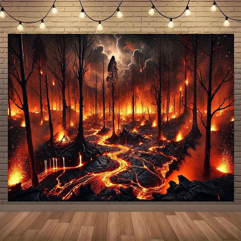 Bannière de fond de forêt de lave brûlante, tissu en polyester Durable, éruption volcanique vive et art d'arbre brûlant, 1 pièce