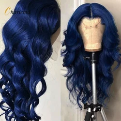 Perucas dianteiras do laço carisma sintético para mulheres negras, onda longa do corpo, azul escuro, resistente ao calor, cabelo fibra, cosplay