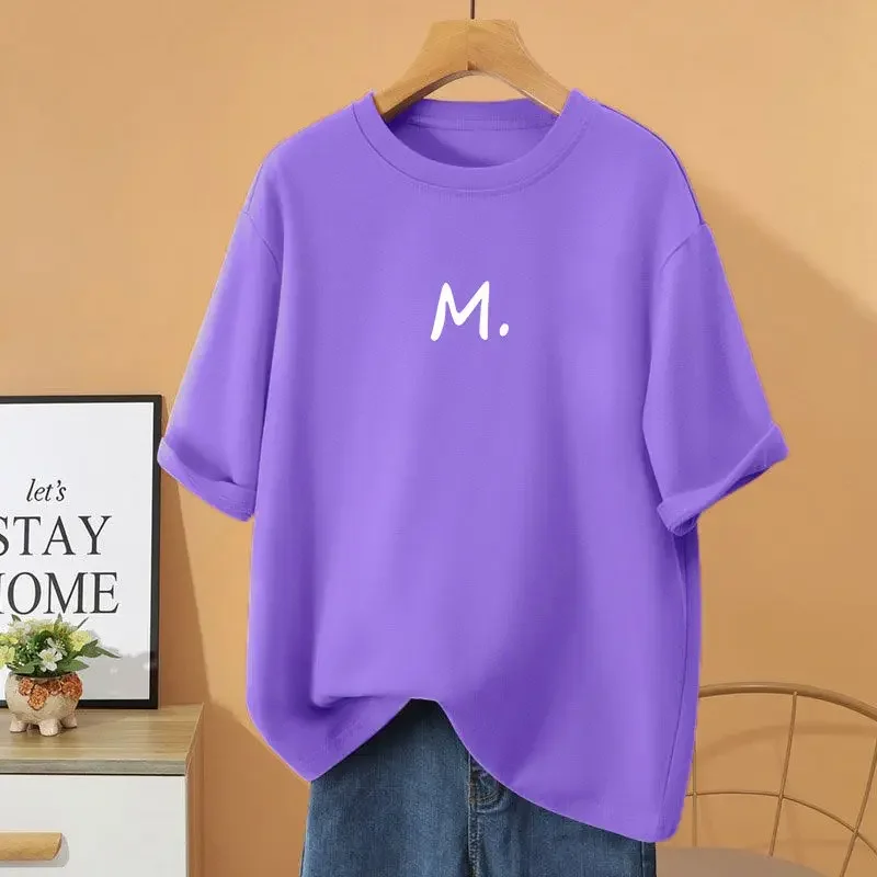 

Women Clothing Letter Printed Basic Pullovers 100% Cotton Casual Loose O-neck T-shirt Summer Fashion Short Sleeve Top