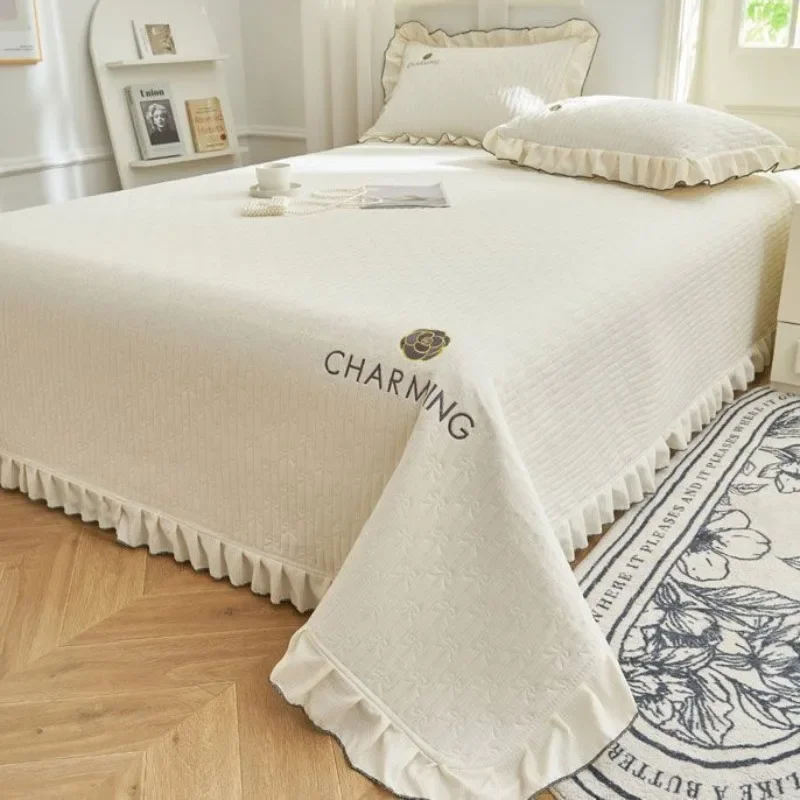 Luxury Soft Comfortable Knitted Cotton Ruffle Bedspread Coverlet Double Bed Cover Set Blanket Bed Linen Home Textile