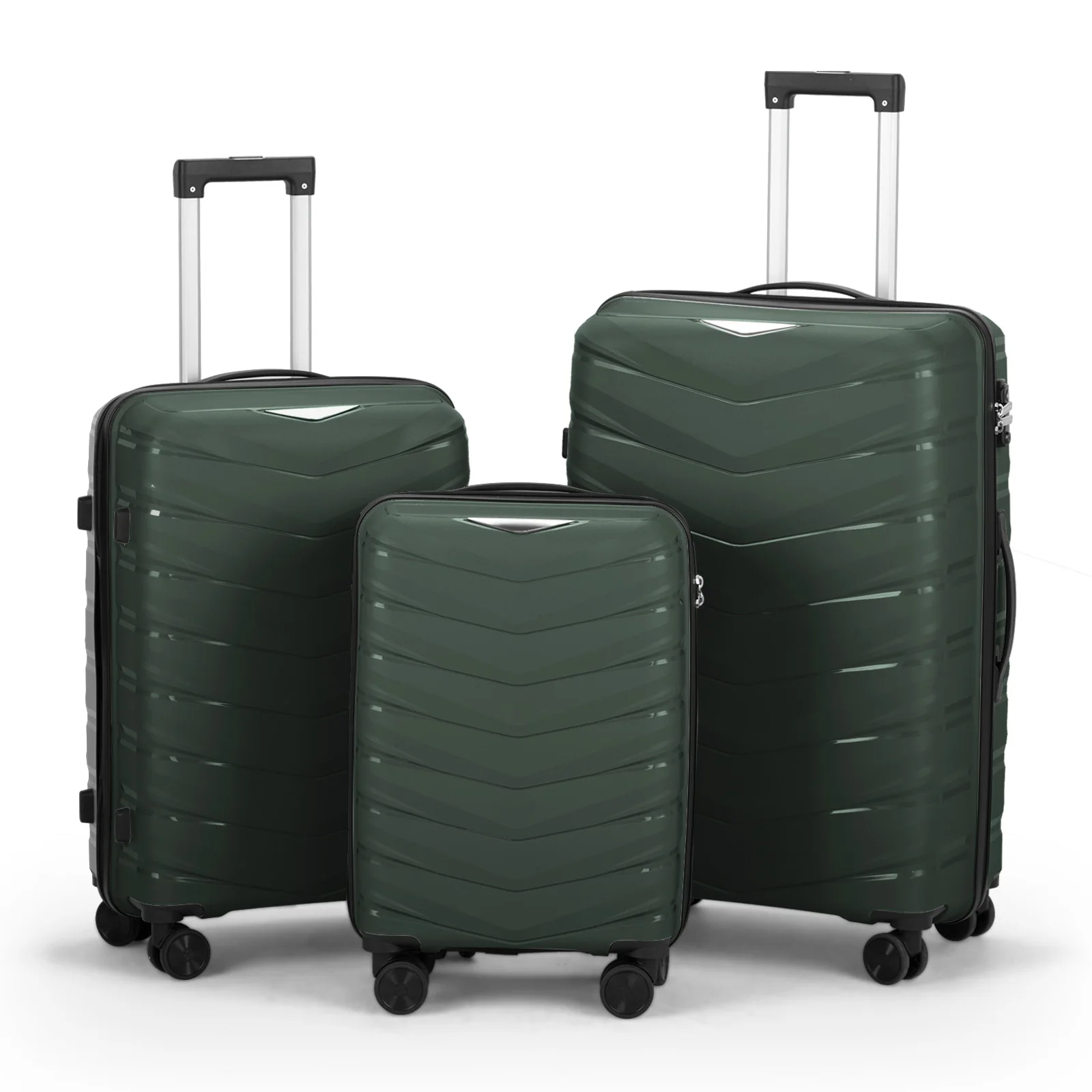 V-shaped stripes 3-in-1 PP trolley case 20in 24in 28in PP iron trolley classic color - dark green (grain pattern)