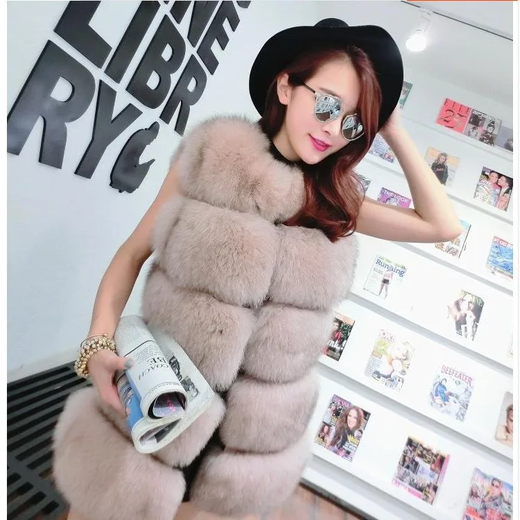 Wholesale Imported Imitation Fox Fur Vest Whole Leather Mid-length Round Neck Women's Vest Jacket Special Offer