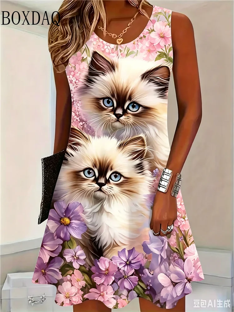 Cute Cat Pattern Dresses For Women Animal 3D Printed Sleeveless Summer Fashion Crew Neck Loose Streetwear Casual Plus Size Dress