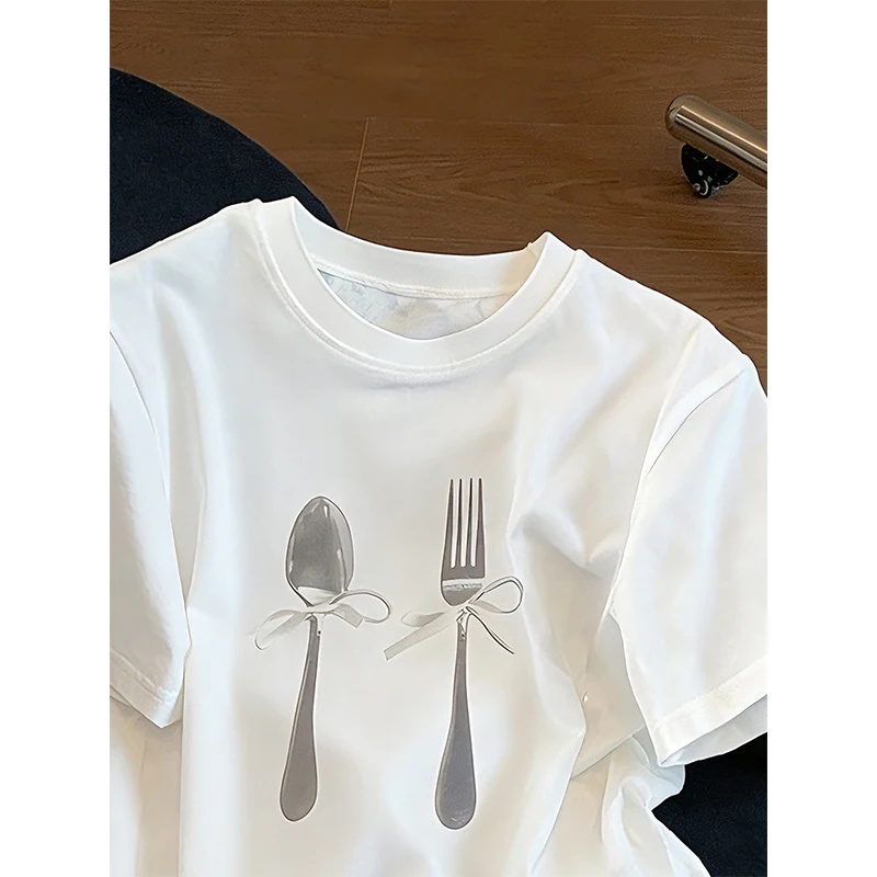 Interesting Print Short Sleeve T-shirt 2026 Summer New Korean Style White O-neck Tops for Men&Women Casual Versatile Tees