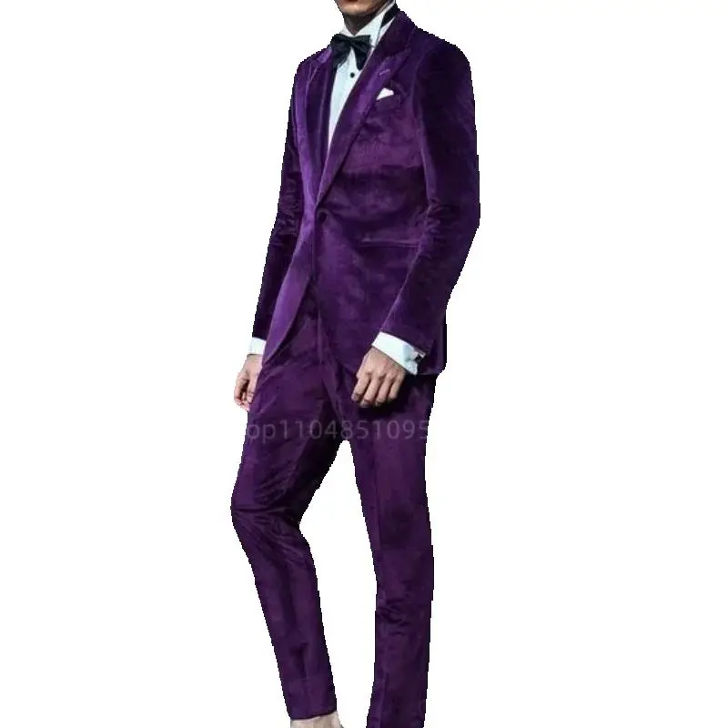 

Purple Velvet Slim Fit Men's Tuxedo 2 Piece Groom Suit with Peak Lapel One Button Blazer And Pants Set for Wedding Prom Business