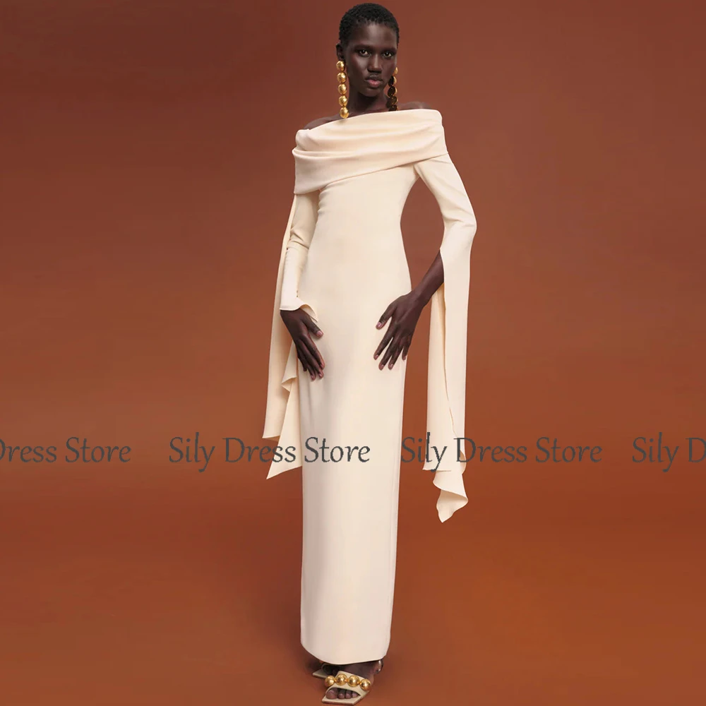 Vestidos formales para ocasiones especiales Jersey vaina/columna vestido de celebridad champán fuera del hombro drapeado volantes vestidos de fiesta