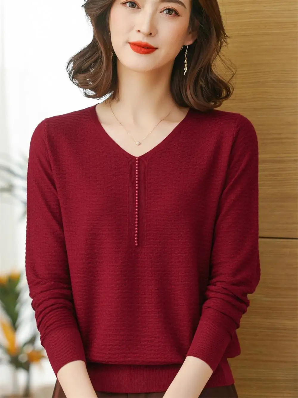 

Sli V-Ne Knitwear Spring New Arrival for Middle-Aged Women Thin Top Open-Collar Faionable Spring Autumn Knitted irt