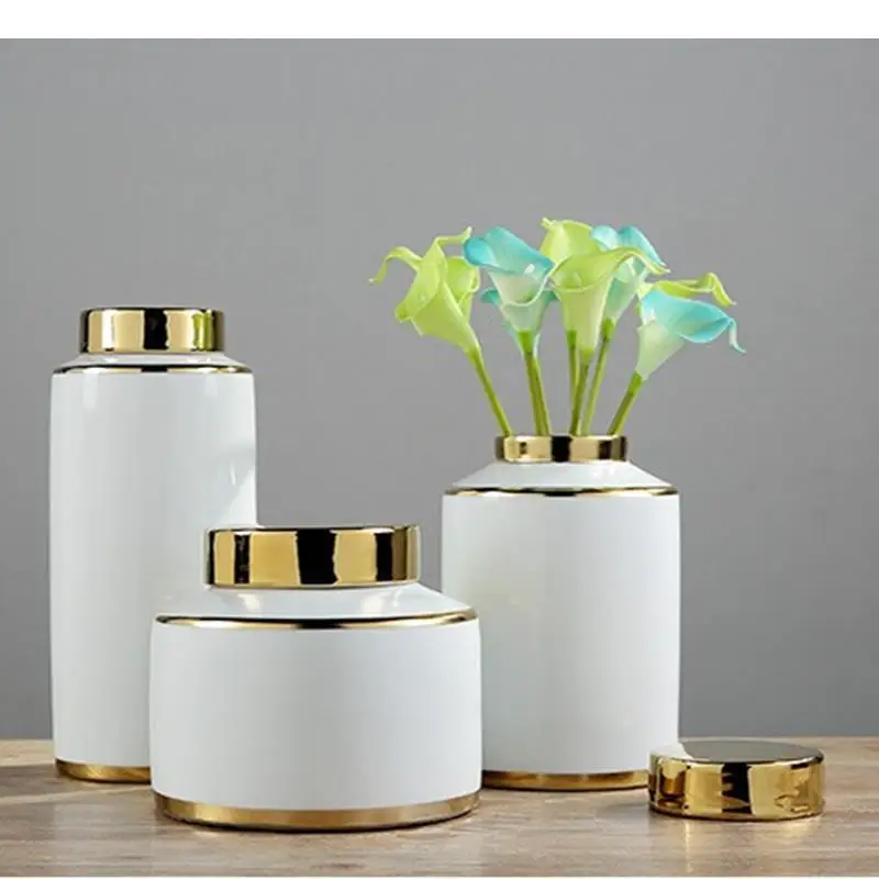 Ceramics Storage with Cover Decoration Ornaments Three-piece Suit Living Room Desktop Vase Flower Arrangement Container