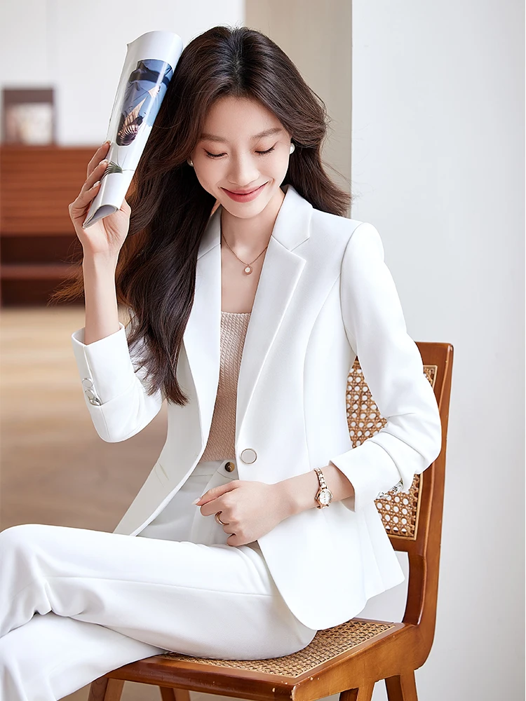 بدلة نسائية رسمية طقم بليزر نسائي وردي أبيض وأسود مكون من قطعتين