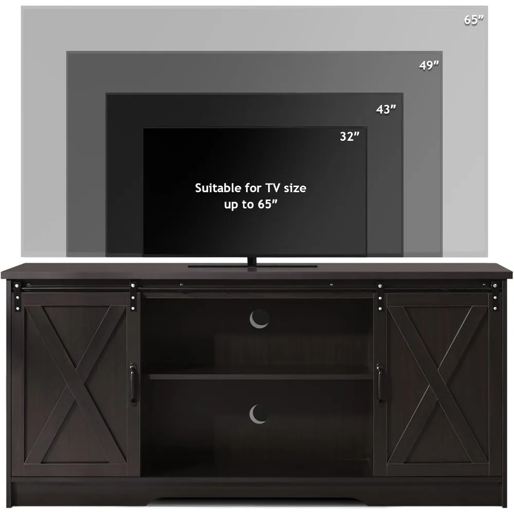 65インチテレビスタンド、スライド式納屋ドア付き、エスプレッソエンターテイメントセンター、大型テレビ用収納キャビネット