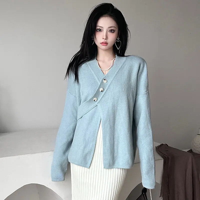 

Knitted Cardigan Asymmetrical Button V-Neck Design Niche Loose Coat Women Solid Color Lazy Style Sweater