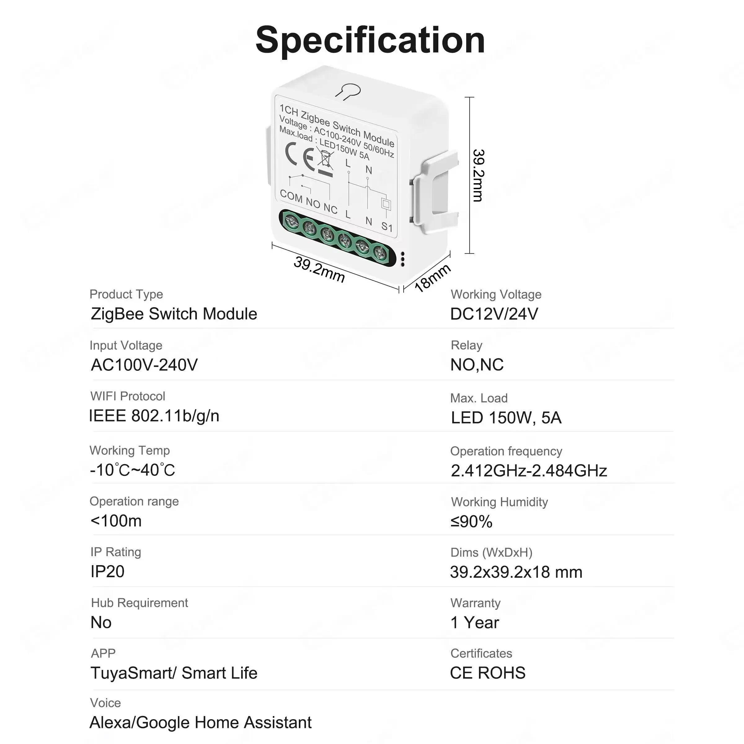 GIRIER Tuya Smart ZigBee Switch Module 5A Dry Contact Universal Breaker Relay DC 12/24V AC 100-240V Works with Google Home Alexa