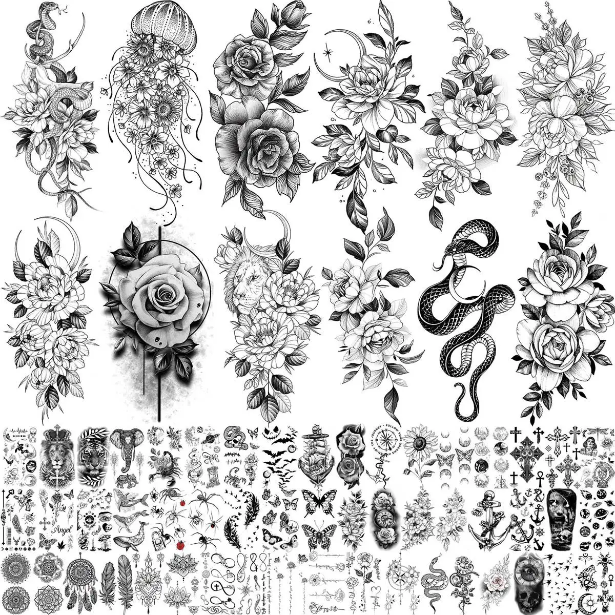 

64 Sheets Sexy Flower Temporary Tattoos For Women Arm Fake Jellyfish Moon Rose Tattoo 3D Snake Tatoos Sticker Peony Floral Decal