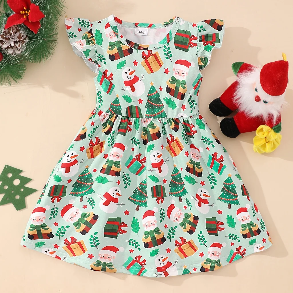 2024 Christmas Dress Kids Girl Clothes Summer Short Sleeve Baby Girls Dresses Christmas Clothing Set 1 2 3 4 5 6 7 8 Years