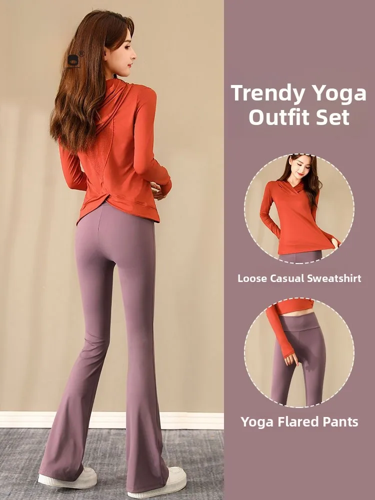 

Женский комплект спортивной одежды для йоги, повседневный спортивный свитер для бега, расклешенные брюки, осенняя новинка, длинная толстовка с капюшоном, костюм из двух предметов