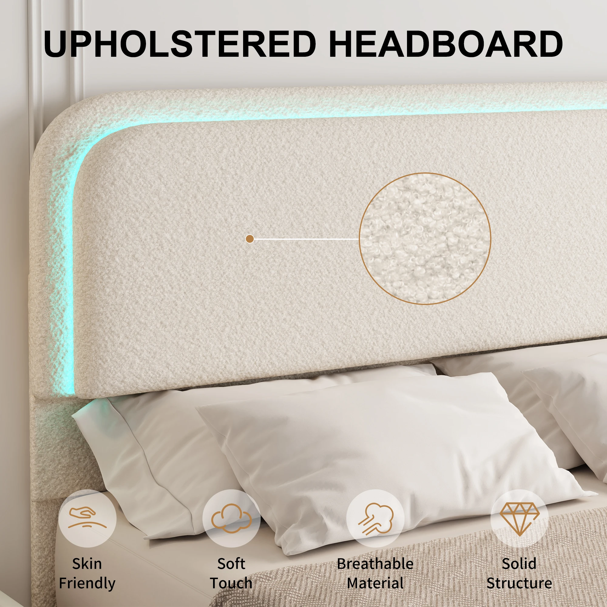 SIBEDS Queen Teddy Fleece Upholstered Bed Frame with LED Lights, Modern Cloud Platform Bed with Curved Headboard & Footboard, Thickened Rounded Corners, No Box Spring Needed, Cream image 8