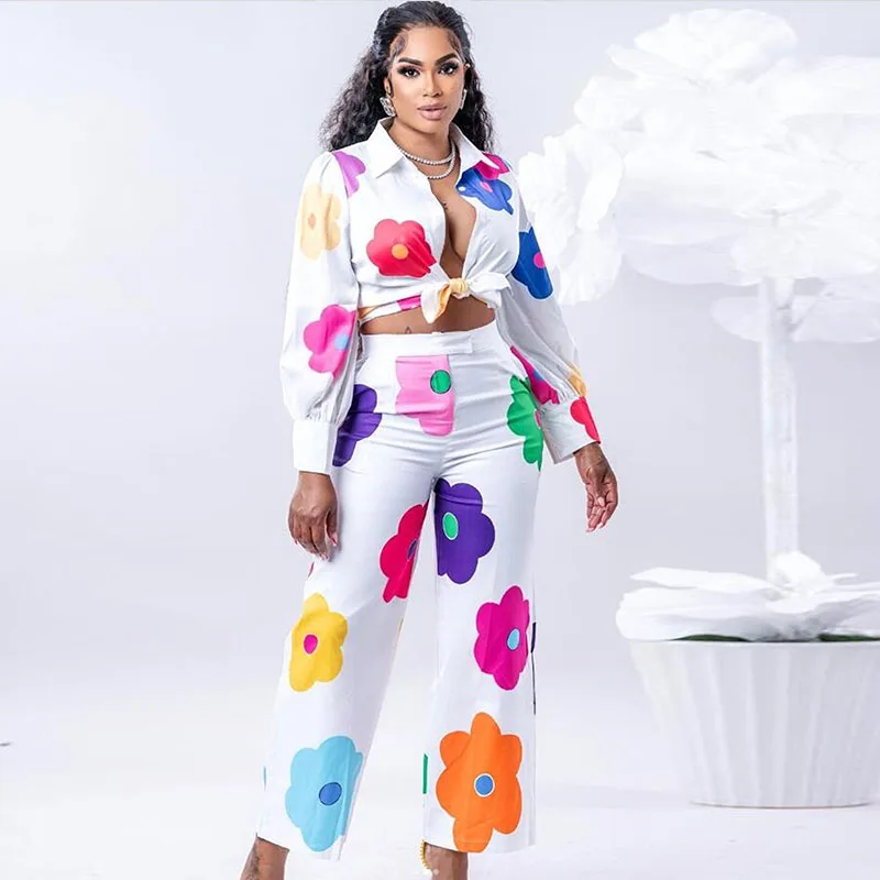 

Floral Print Two Piece Set for Women Fall Outfits Turn-Down Collar Button Long Sleeve Shirt Top and Wide Leg Pants Matching Sets