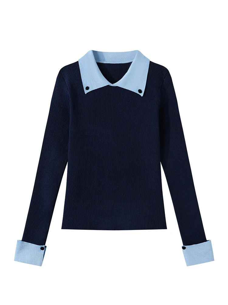 Maglieria da donna con colletto rovesciato in colore retrò a contrasto, stile coreano, moda, manica lunga, maglione slim fit, pullover chic femminile