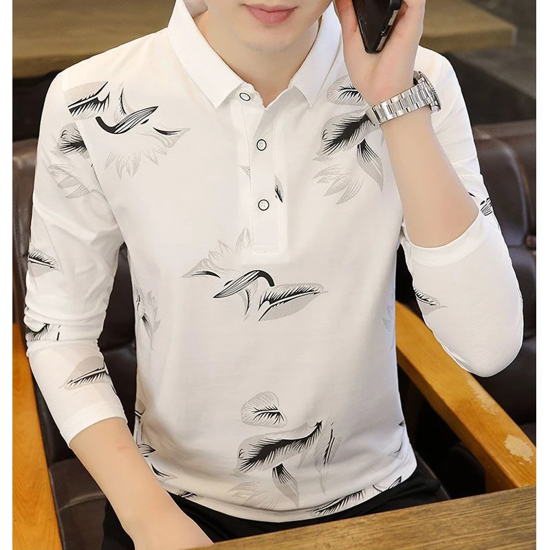 Men\'s Clothing Korean Fashion Business Casual Feather Print Polo T-shirt Spring Autumn High Quality Long Sleeve Slim Basic Tops