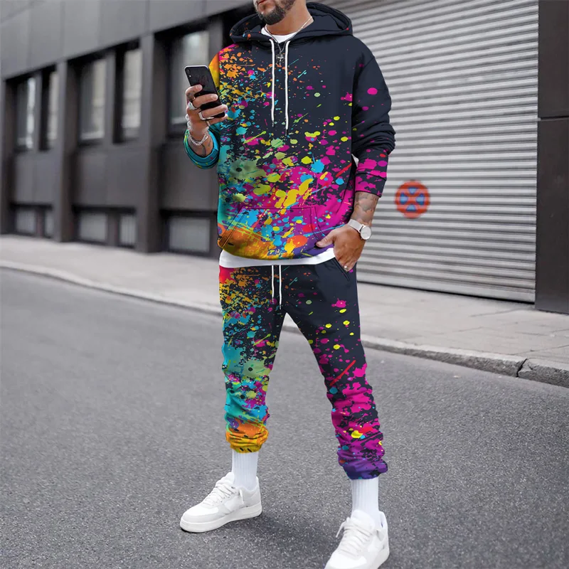 Men Autumn Winter Athletic Tracksuit Sets 3D Splash Ink Print Sportswear Hoodies Long-Sleeve Sweatshirt Sweatpants Men Clothing