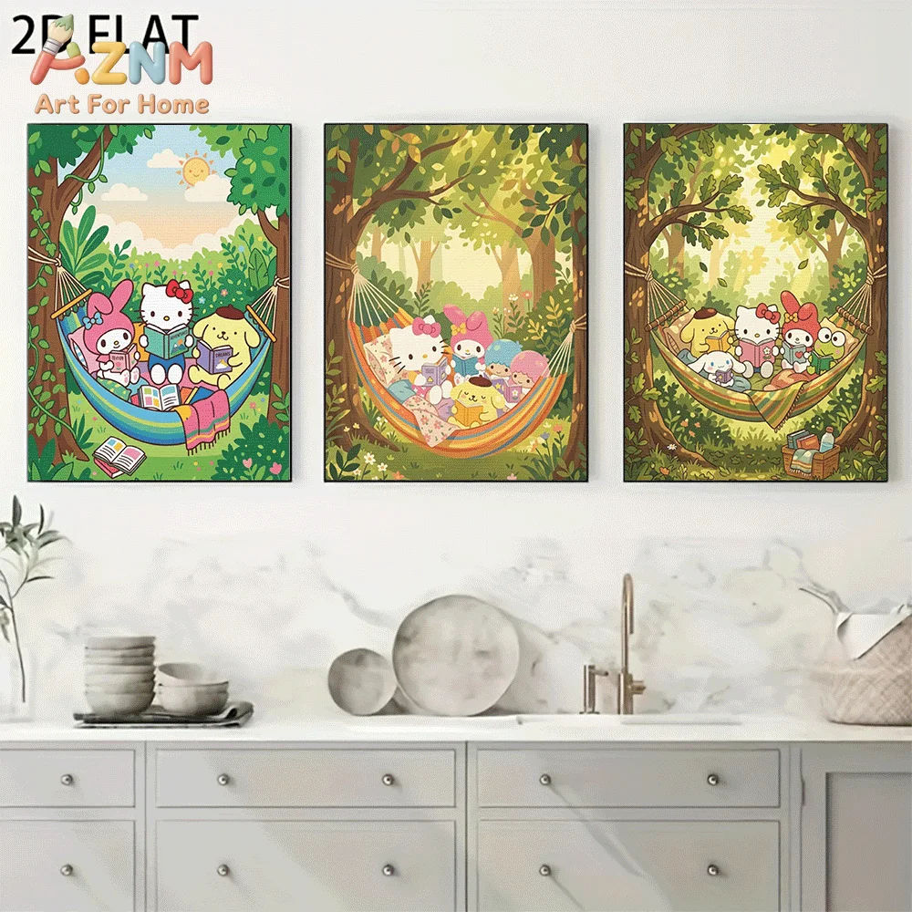 AZNM Sanrio Hello Kitty Friends Forest Hammock Canvas Wall Art Unframed Cute Cartoon Green Woodland Reading Painting Kids Room H