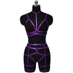 Women Purple Elastic Harness Bodysuit Sexy Bondage Lingerie Set Goth Stockings Garter Rave Adjustable Body Cage Bra Body Harness