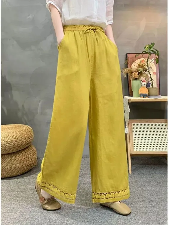 

High Waist Embroidered Hollow Design Wide Leg Pants plus Size Women's Straight Cut Slimming Casual Long Summer Trousers