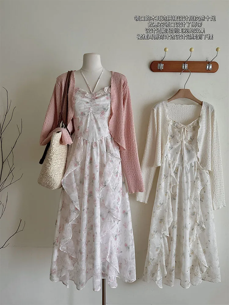 French Gentle Two-piece Set Summer Women Dress Sweet Suspender Floral Print Dress Female Knitted Cardigan