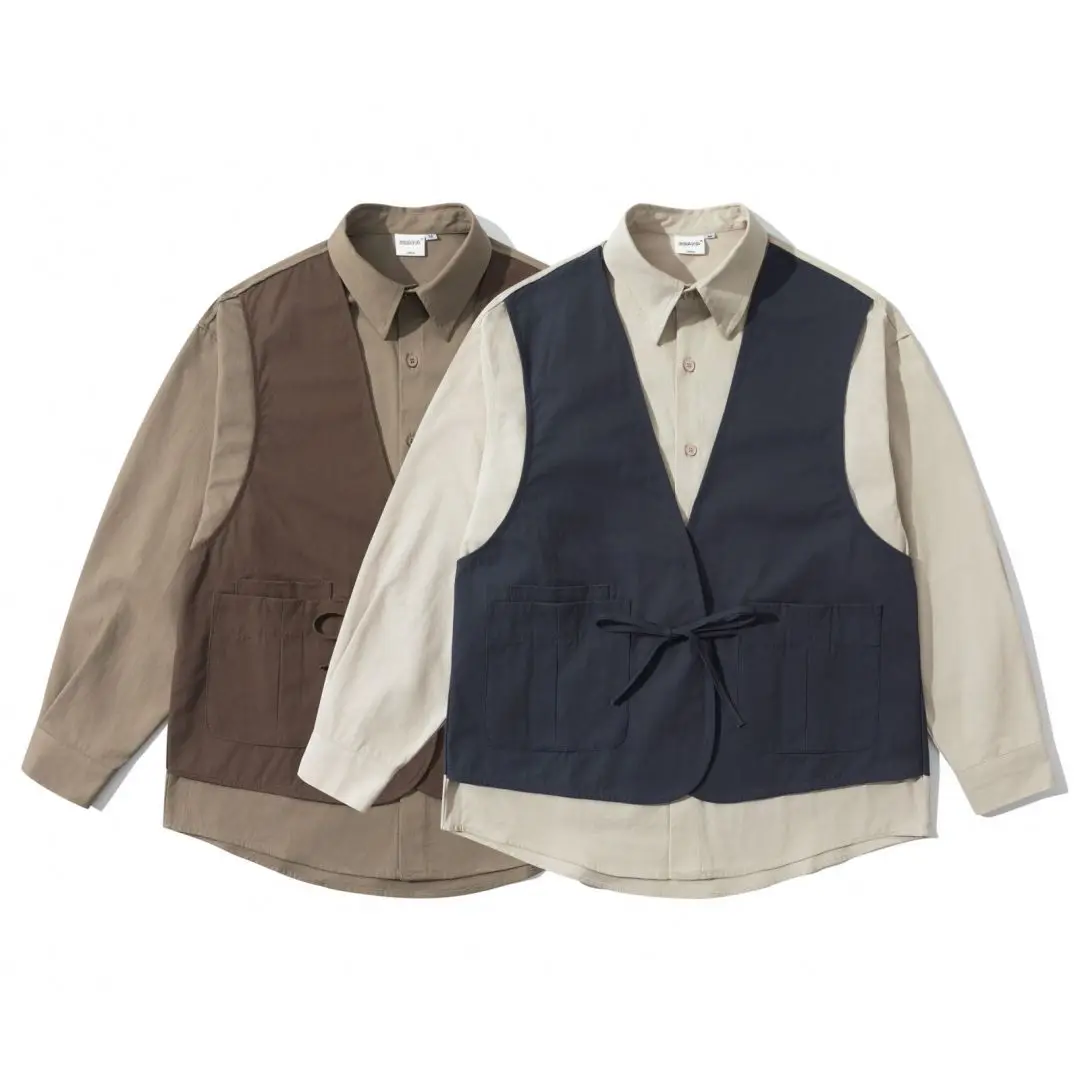 Splice Vest Shirt Men Japanese Streetwear Fashion Vintage Long Sleeve Loose Casual Pure Cotton Cargo Shirts Women Blouses Tops