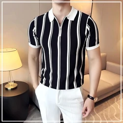 2024 Summer Short Smart Casual Polo Stripe Turn-down Collar Handsome Simplicity Trend Zipper Breathable Men's Clothing Shirts