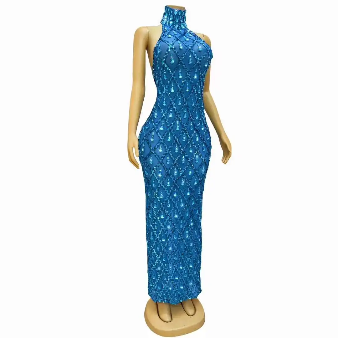 Shaokaijia-vestido de lentejuelas azules brillantes sin mangas, traje brillante para Celebración de noche, malla elástica transparente, vestidos de graduación