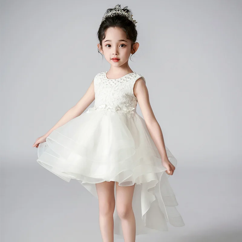 Girl's New Decal Bead Bow Mesh Sleeveless Tailed Princess Dress for Children's Day Birthday Party Wedding Fluffy Dress