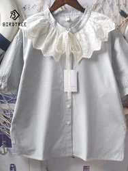 New Summer Cotton Short Sleeve Shirt Stand Ruffled Lace-up Tops Girl Casual Vintage Chic Loose Sweet Blouse 2024 Autumn T46903QC