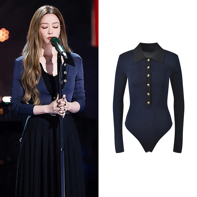 

Faionable Ретро Цветной Клуэт Воротник Облегающий Трикотаж Один Пуговица Ele Sle Женский Топ Яркий Тюренец Детализация