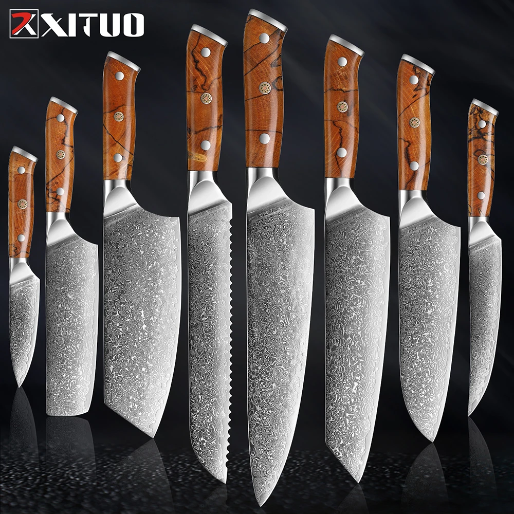 

XITUO 1-8 PCS Kitchen Knife Set Professional Damascus Steel VG10 Chef's Knife Slicing Meat Cleaver Sushi Fish Accessories Tools