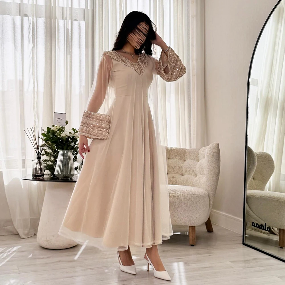 

Customized Beige V-neck Tulle Evening Dress ILLUSION Full Sleeves Draped Party Dress With Crystal Ankle Length A-line Prom Gown
