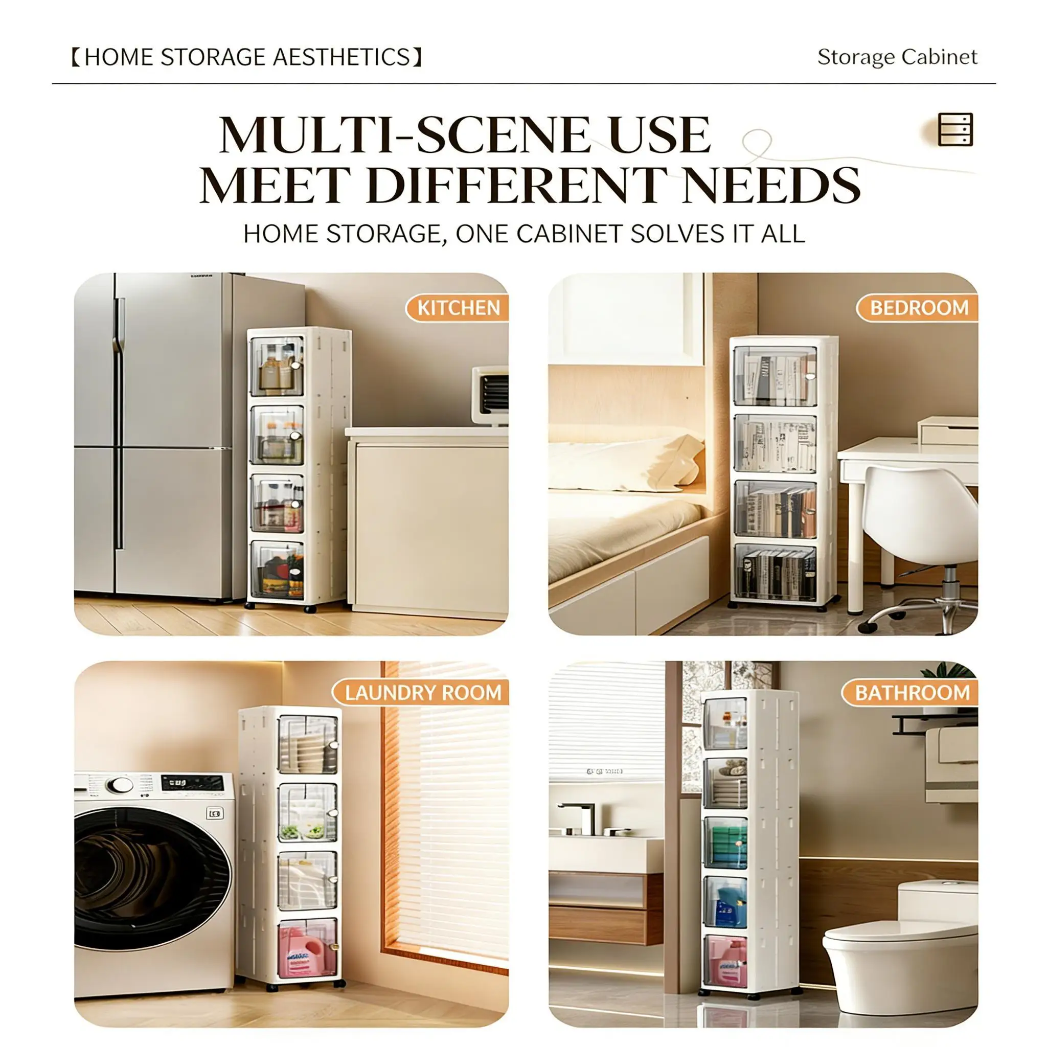 3-Tier Tall Narrow Storage Cabinet Plastic Slim Organizer with Doors Adjustable Shelves and Wheels Stackable Collapsible Mobile Space Saving Rack for Small Spaces Bathroom Kitchen Cupboard Organizer