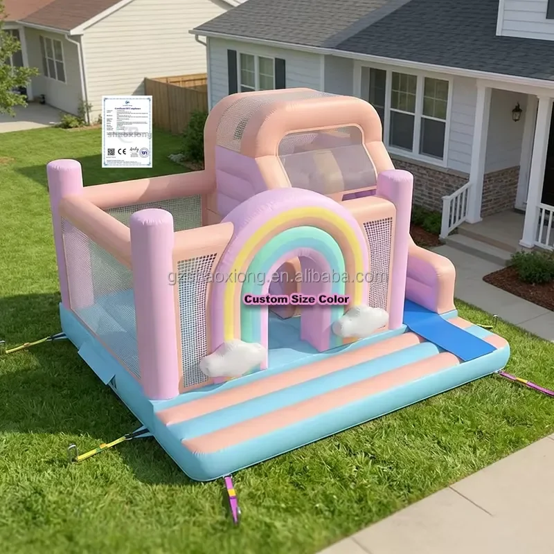 Kids Toddlers Commercial Outdoor Rainbow Jumping Bouncy Castle Slide Combo for Party Rental Inflatable Bounce House with