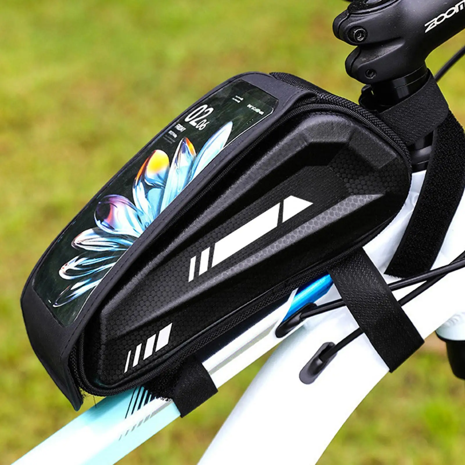 

Bicycle Phone Front Frame Bag Waterproof Touchscreen Shockproof Storage Pouch Double Zipper Bike Frame Bag for Cycling Mountain