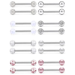 2-16PCS 14G Medical Steel Tongue Ring Parallel CZ Ring Piercing Body Jewelry Suitable for Women and Men Soft Acrylic Flash Ball