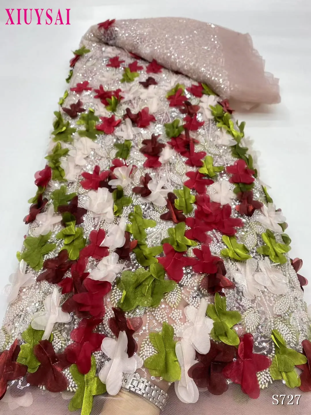 

Latest Luxury Sequins Pearls Bridal Beaded Lace Fabric High Quality African Nigerian 3D Lace Fabric