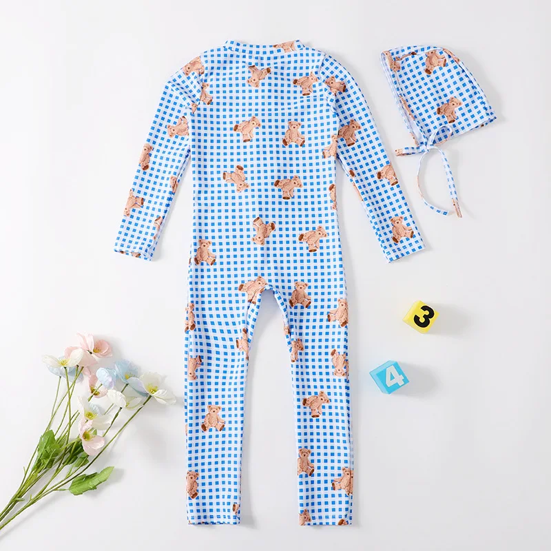 Kids Clothes Girls Swimwears Summer Cute Cartoon Bear Plaid Swimsuit with Hat 2023 New Korean Long Sleeve Children\'s Clothing