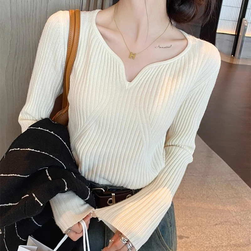 

Autumn Winter Sweater For Women V Neck Knitted Long Sleeve Knitwear Tops Korean Fashion Clothes Slim Pullovers Sweaters Mujer