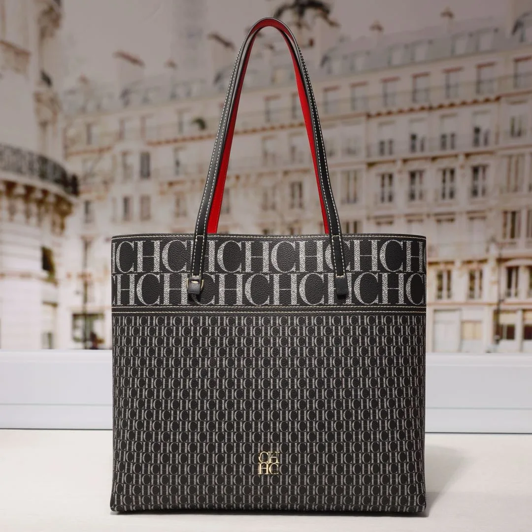 CH Leather Women's Bag Brand Engraved Exquisite Large Capacity Handbag Classic Durable Elegant Fashion Casual Bag with Base