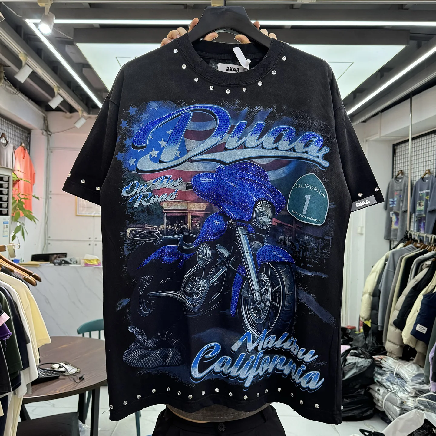 

Washed Vintage Motorcycle Print T-Shirt Short Sleeve Loose Casual Top for Men And Women Diamond Studded High Street Style