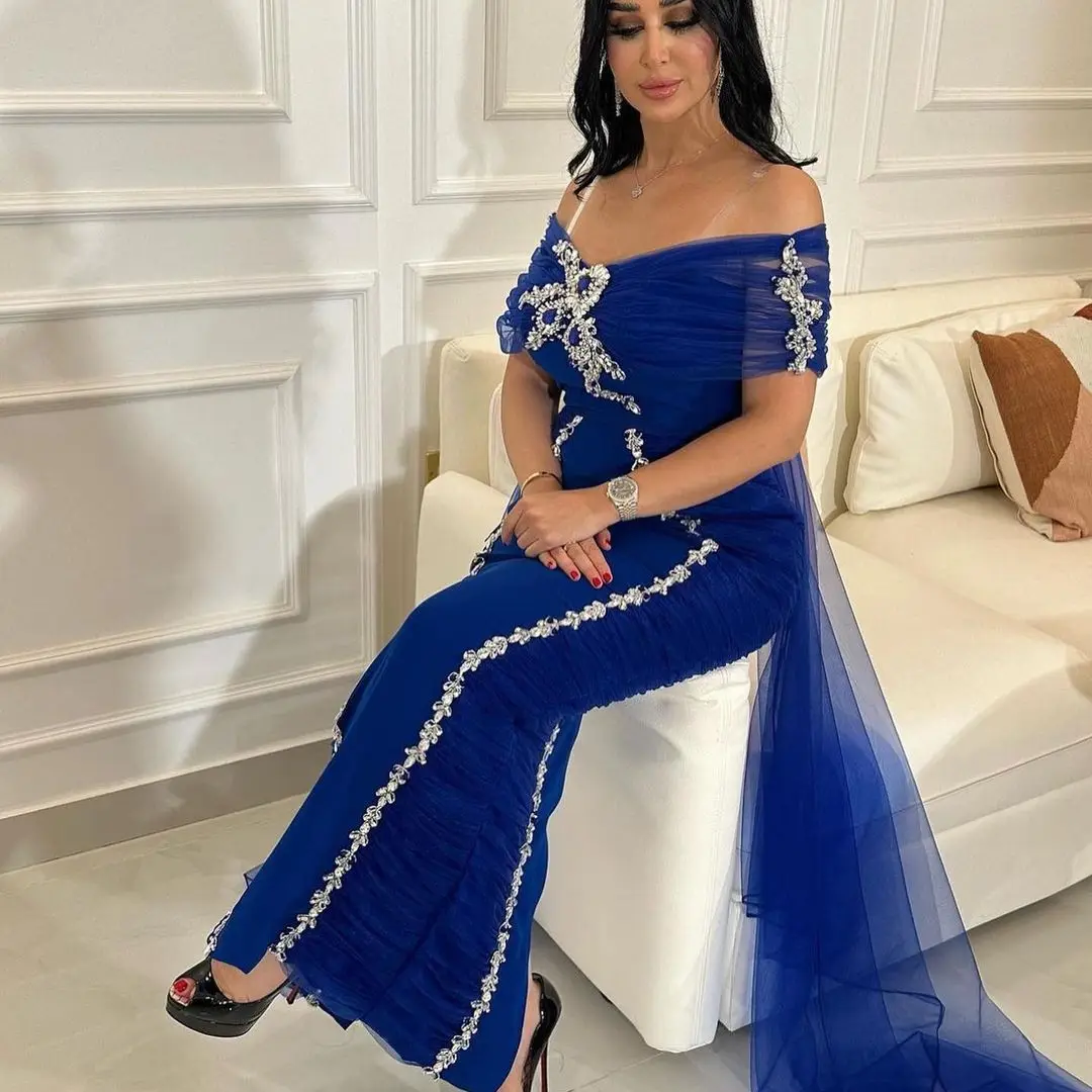 

Blue Elegant Mermaid Prom Dresses Off The Shoulder Neckline Tulle Evening Dress Fashion Floor Length Formal Occasion Discount