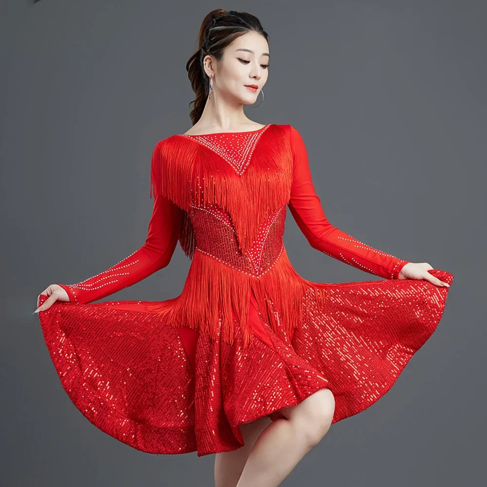 

Платье с пайетками для сцены, красная одежда для латинских тренировок, черное платье с длинными рукавами и кисточками для самбы, ча-ча, профессиональное платье для соревнований